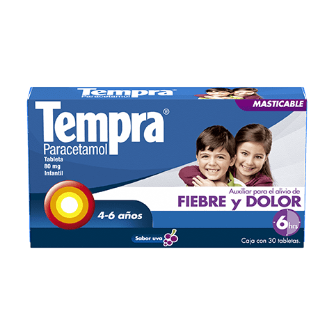 Para el Alivio de Fiebre y  dolor de niños de 4 a 6 años Tempra® Tableta Masticable 80mg